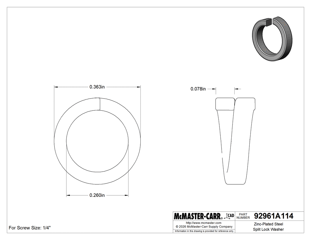 Technical Drawing of Zinc-Plated Steel Split Lock Washer, for 1/4" Size Socket Head Screw, 0.260" ID, 0.363" OD.